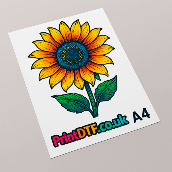 A4 DTF sunflower print – vibrant direct-to-film transfer for T-shirts