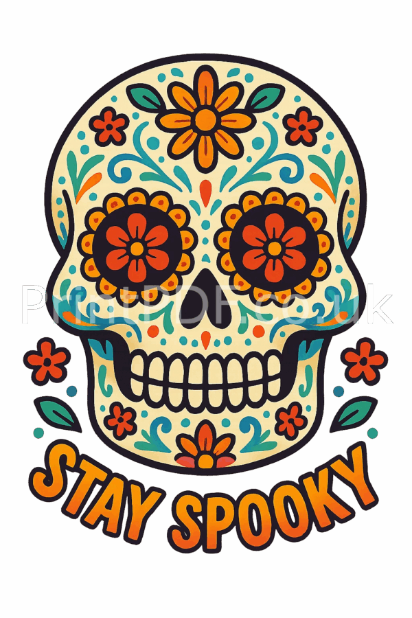 Stay Spooky skull DTF transfer print with vibrant floral sugar skull design